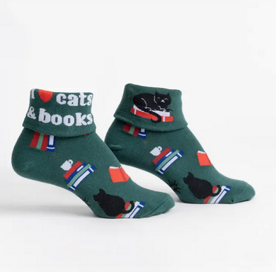 I Love Cats and Books Turn Cuff Crew Socks