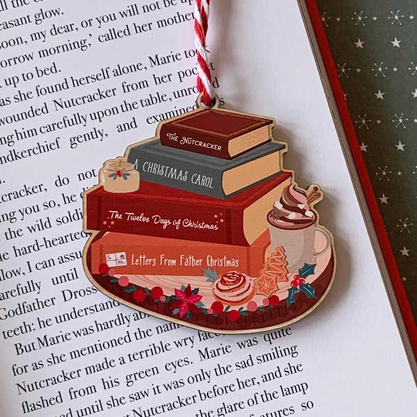 Festive Book Stack Wooden Ornament