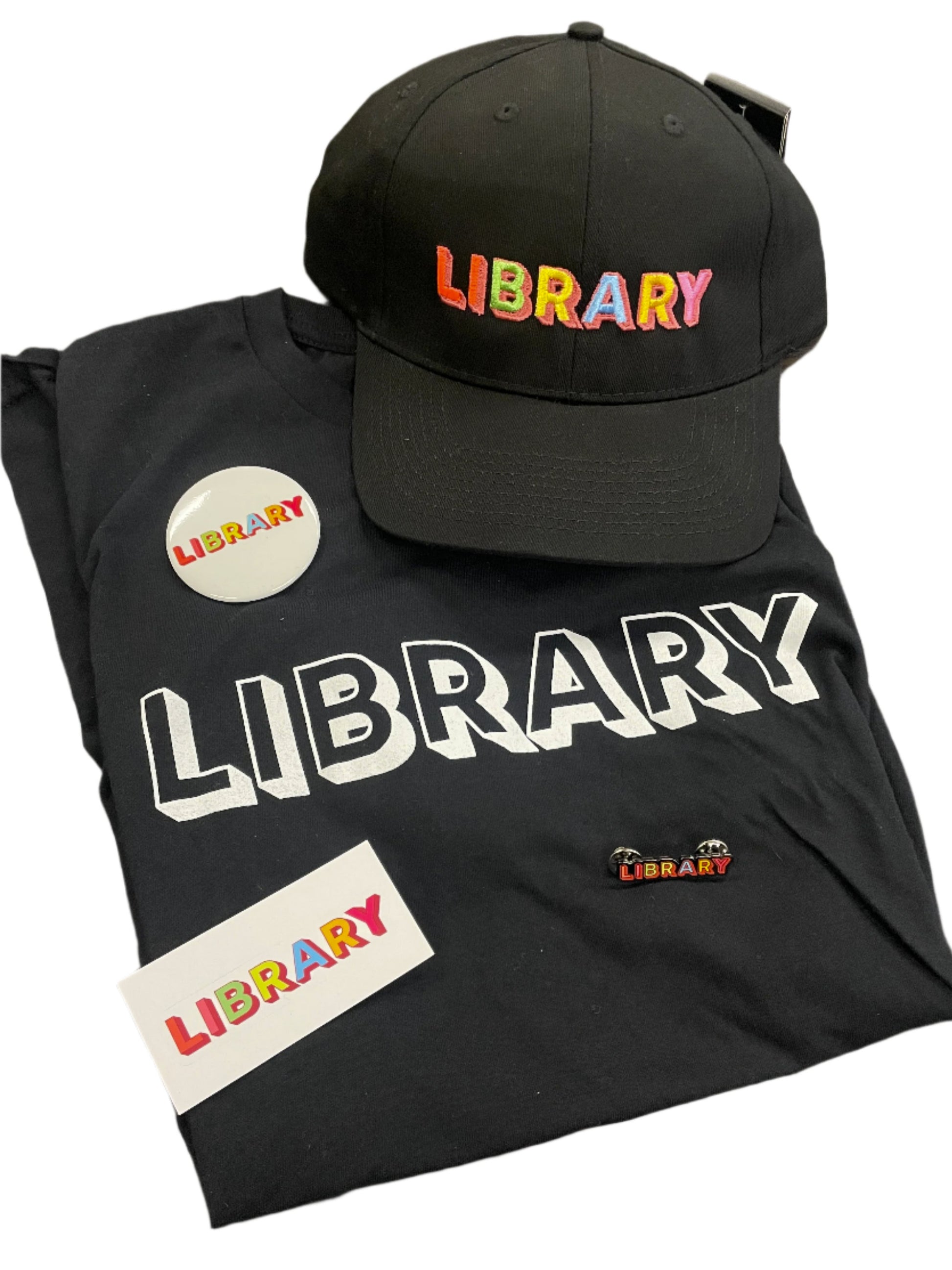 library themed hat, button, sticker, pin, and t shirt