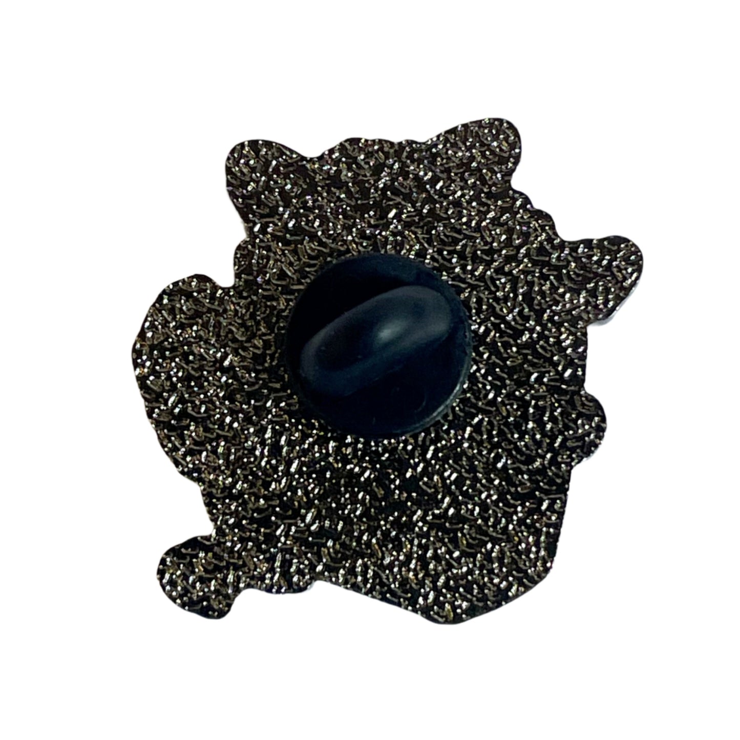 back of the raccoon pin, featuring metal plating and a plastic safety backing