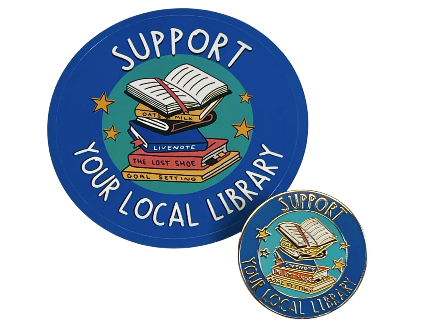 pin next to a sticker with matching design