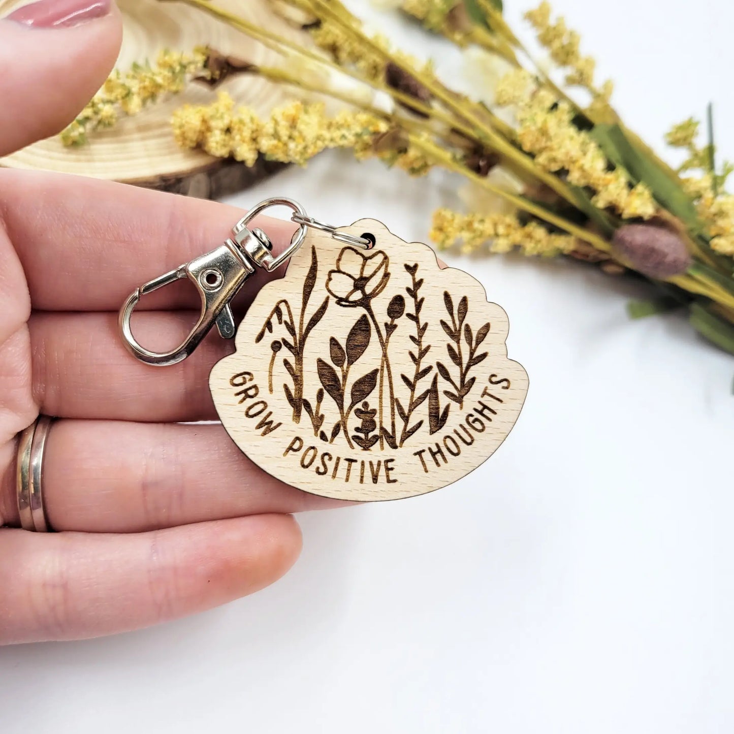 Grow positive thoughts wood keychain