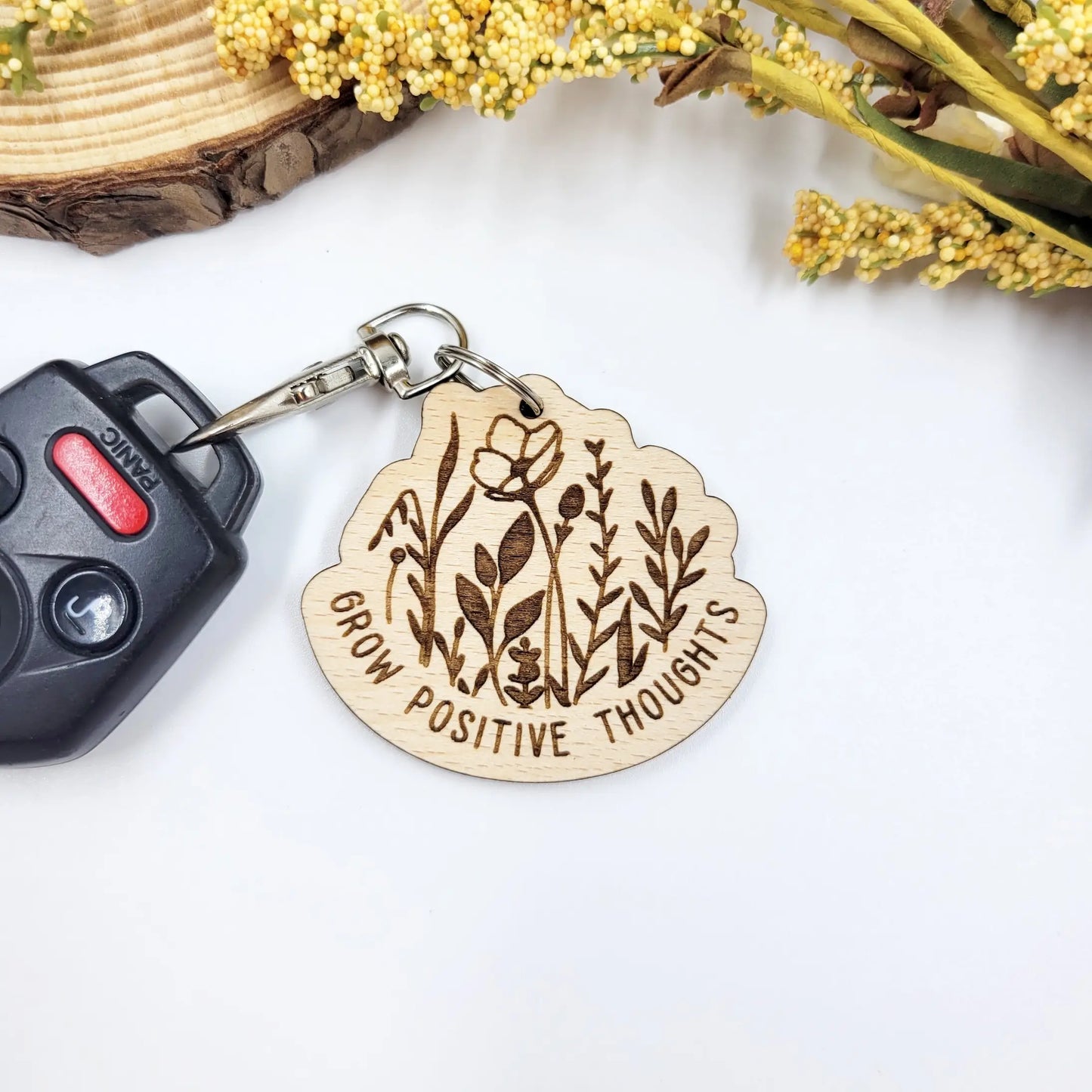 Grow positive thoughts wood keychain