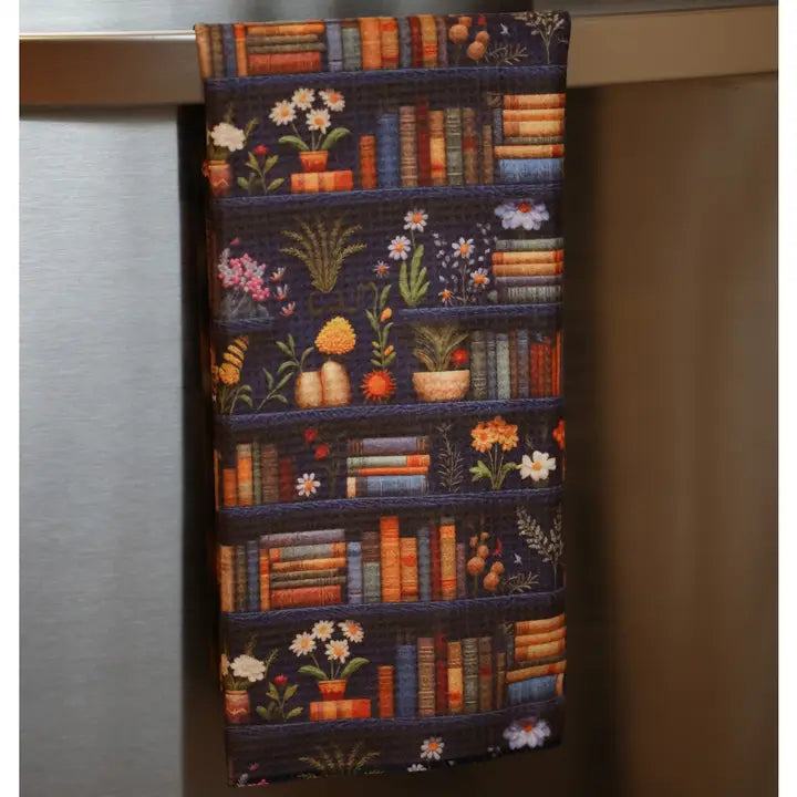 Blue Floral Bookshelf Double Sided Waffle Dish Towel
