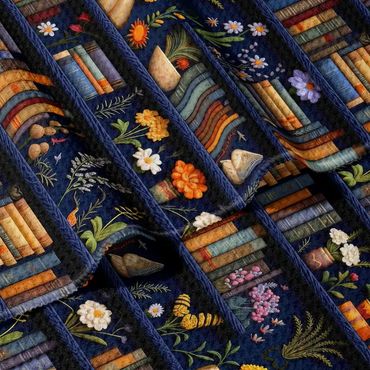 Blue Floral Bookshelf Double Sided Waffle Dish Towel