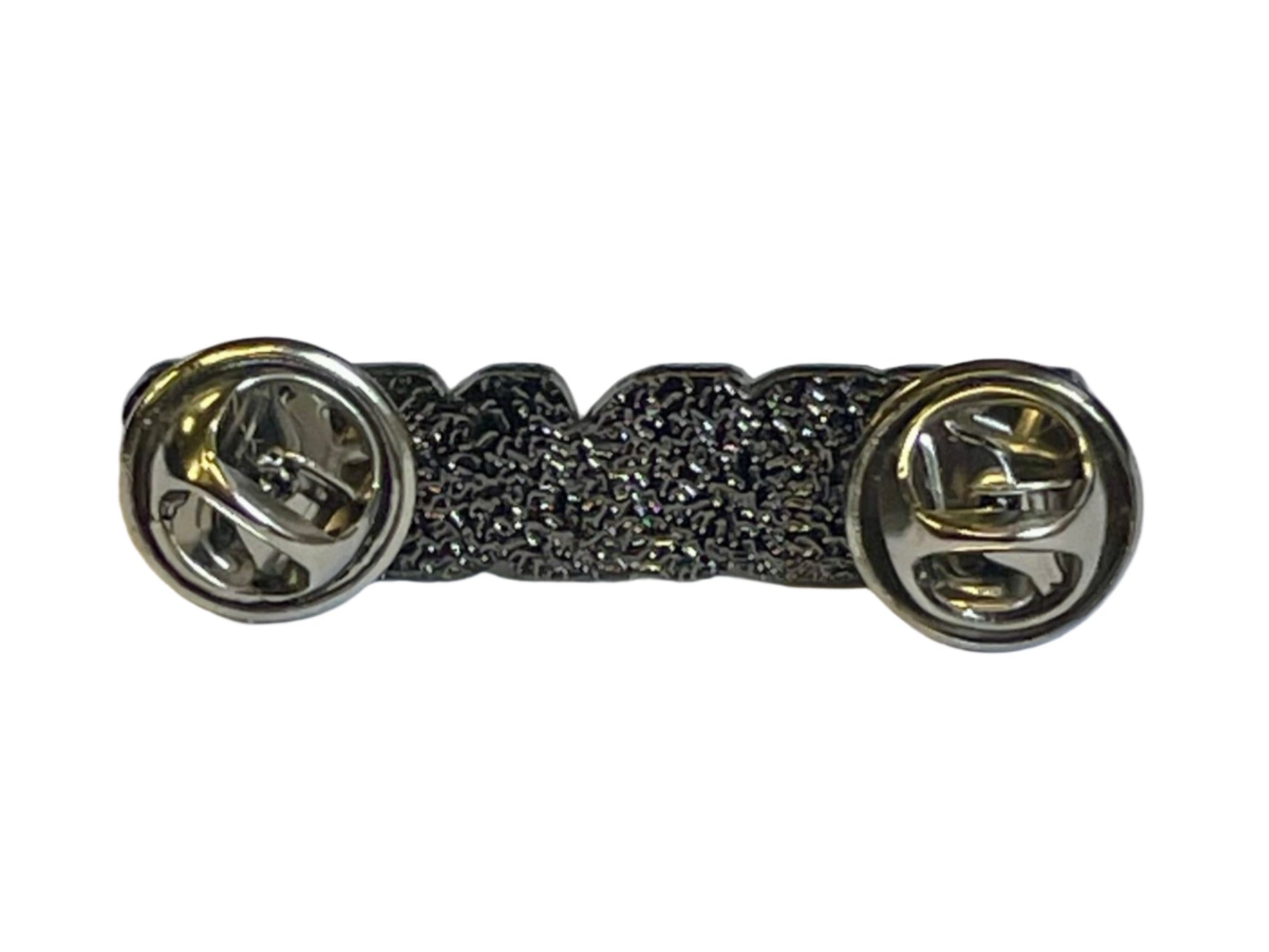the back of a silver colored enamel pin with two fasteners
