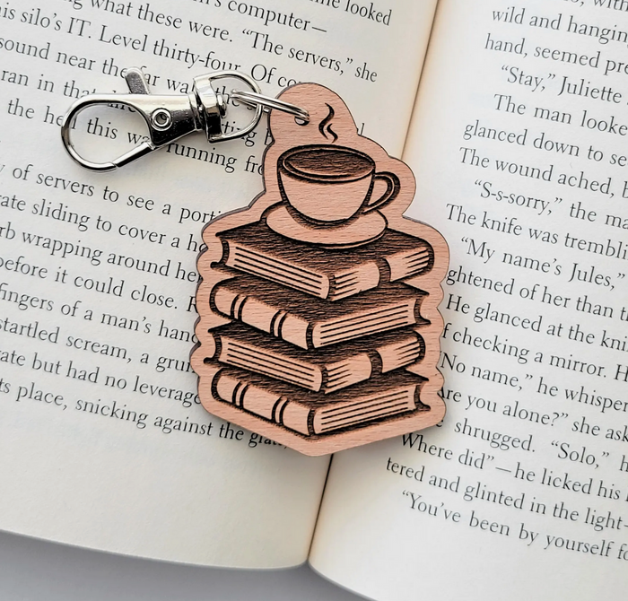 Coffee and book lover wood keychain