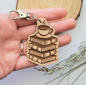 Coffee and book lover wood keychain