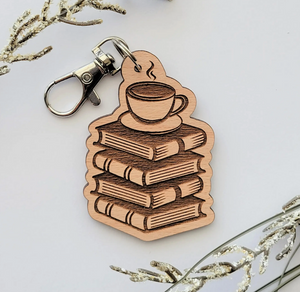Coffee and book lover wood keychain