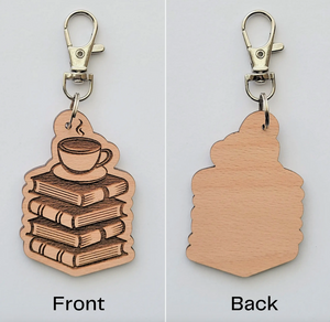 Coffee and book lover wood keychain