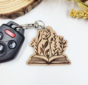 Floral book wood keychain