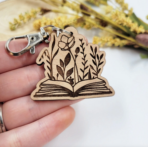 Floral book wood keychain
